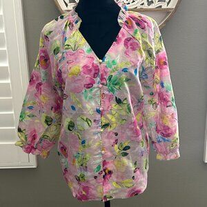 Hester & Orchard Shirt Linen Colorful Watercolor Floral Lagenlook Relaxed Ruffle